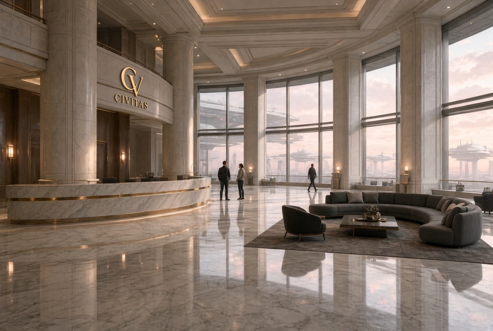 The marble member counter and cloud-platform view from Civitas Charter Hall, Orison