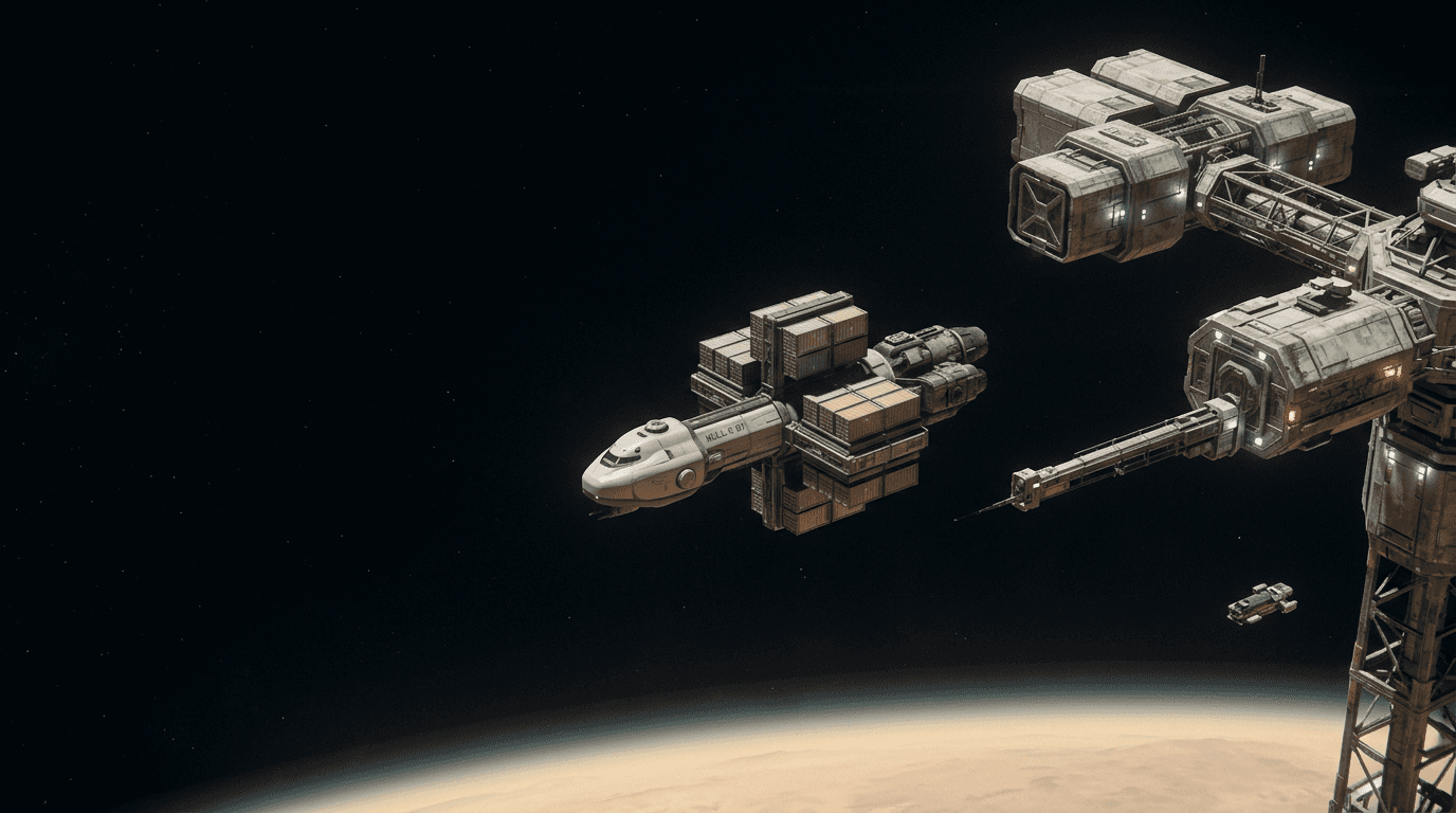 A cargo vessel approaching an orbital freight station