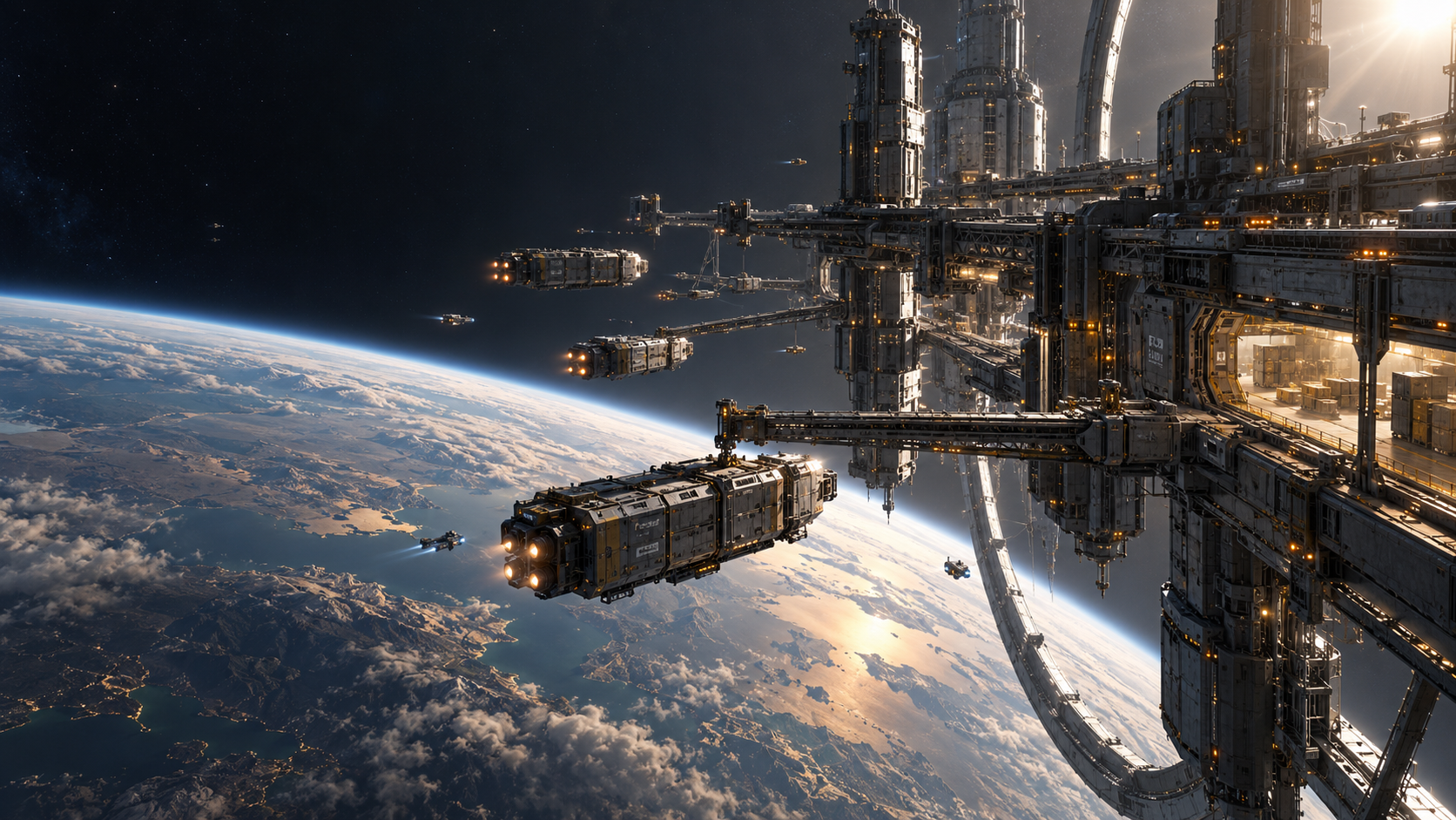 Concept artwork of a working orbital cargo port above a planet