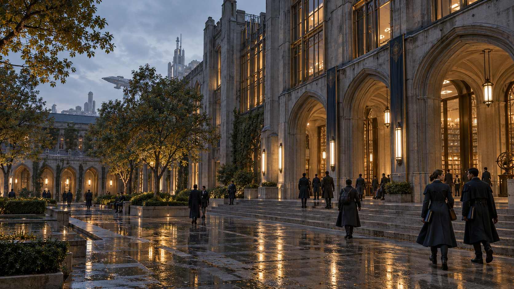 Architectural illustration of the Great Hall and Academy quadrangle at dusk