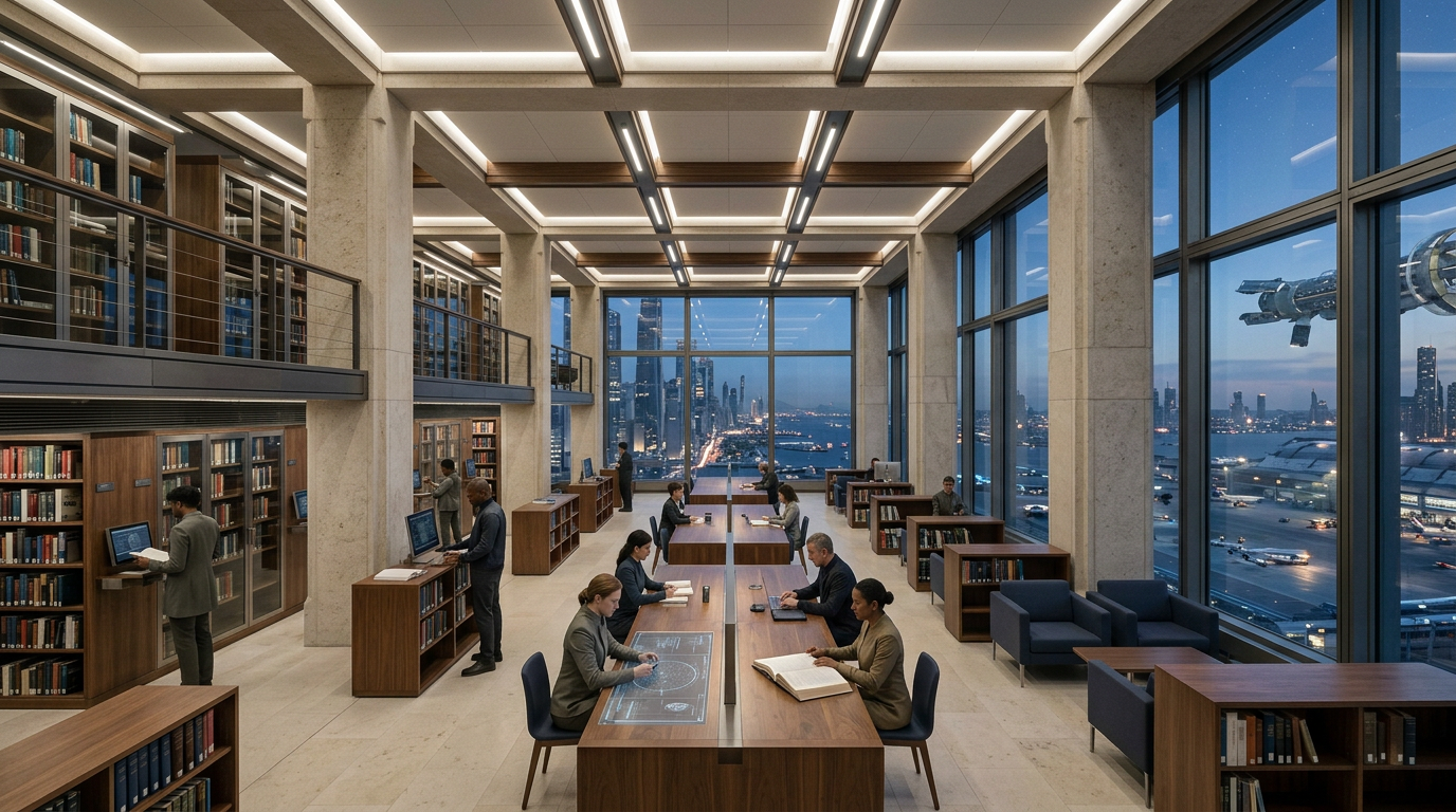 Meridian Library reading room, with research desks and integrated displays