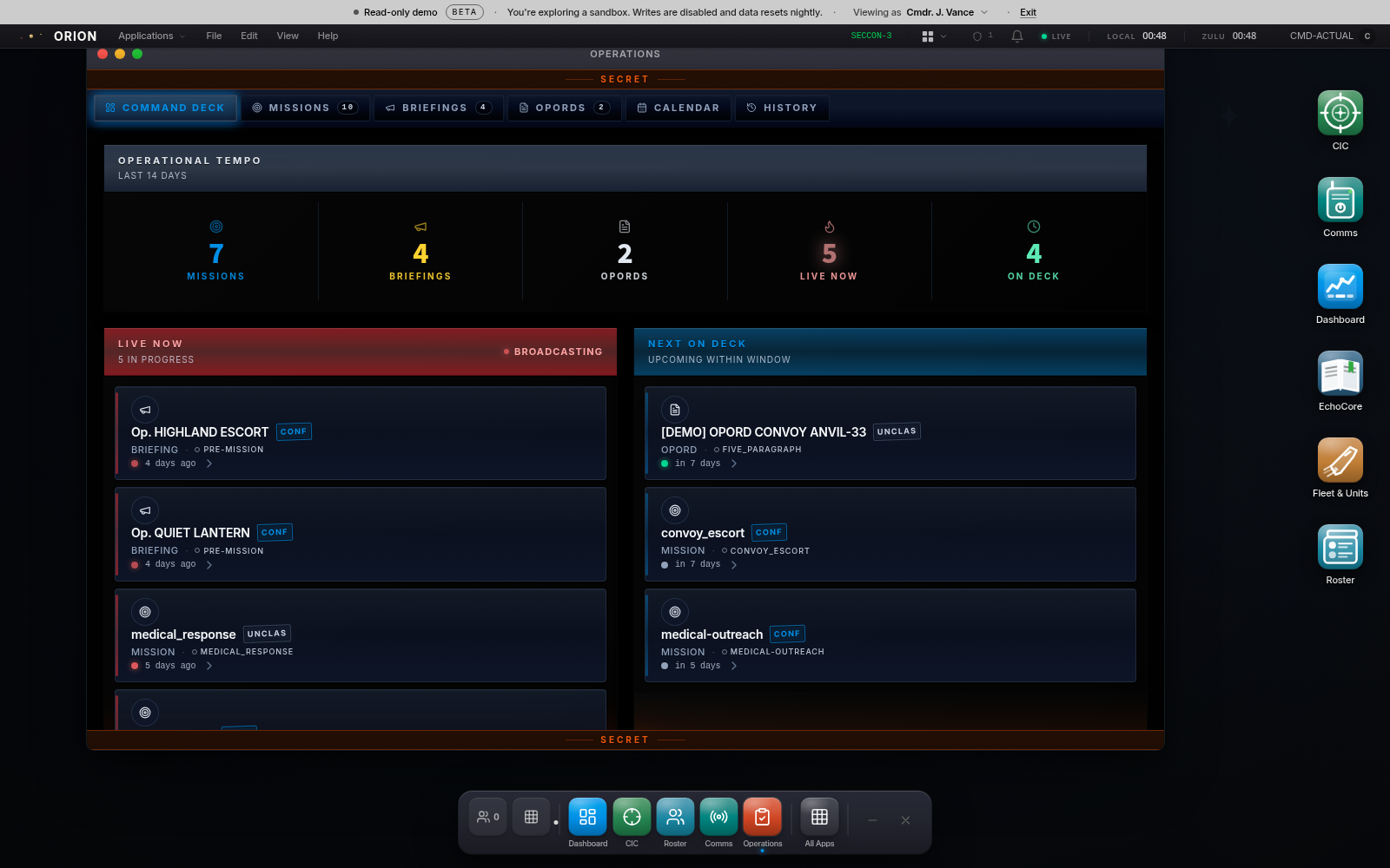ORION OS Operations command deck in the public demo